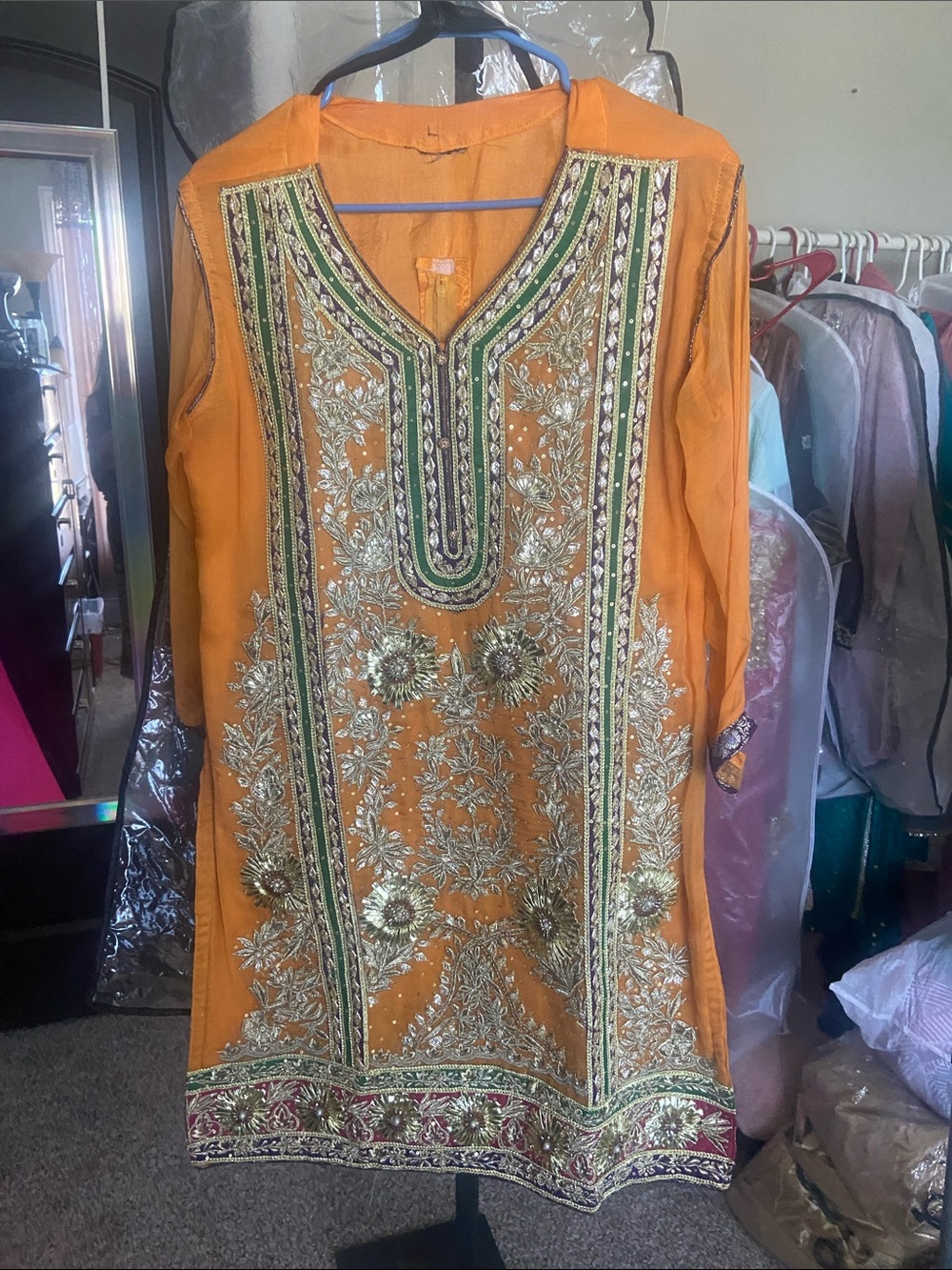 Women's Embroidered Orange Long-Sleeve Kurta